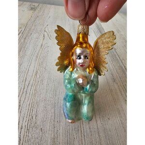 Radko vintage angel cherub paper wings blue glass ornament praying Xmas tree nat
